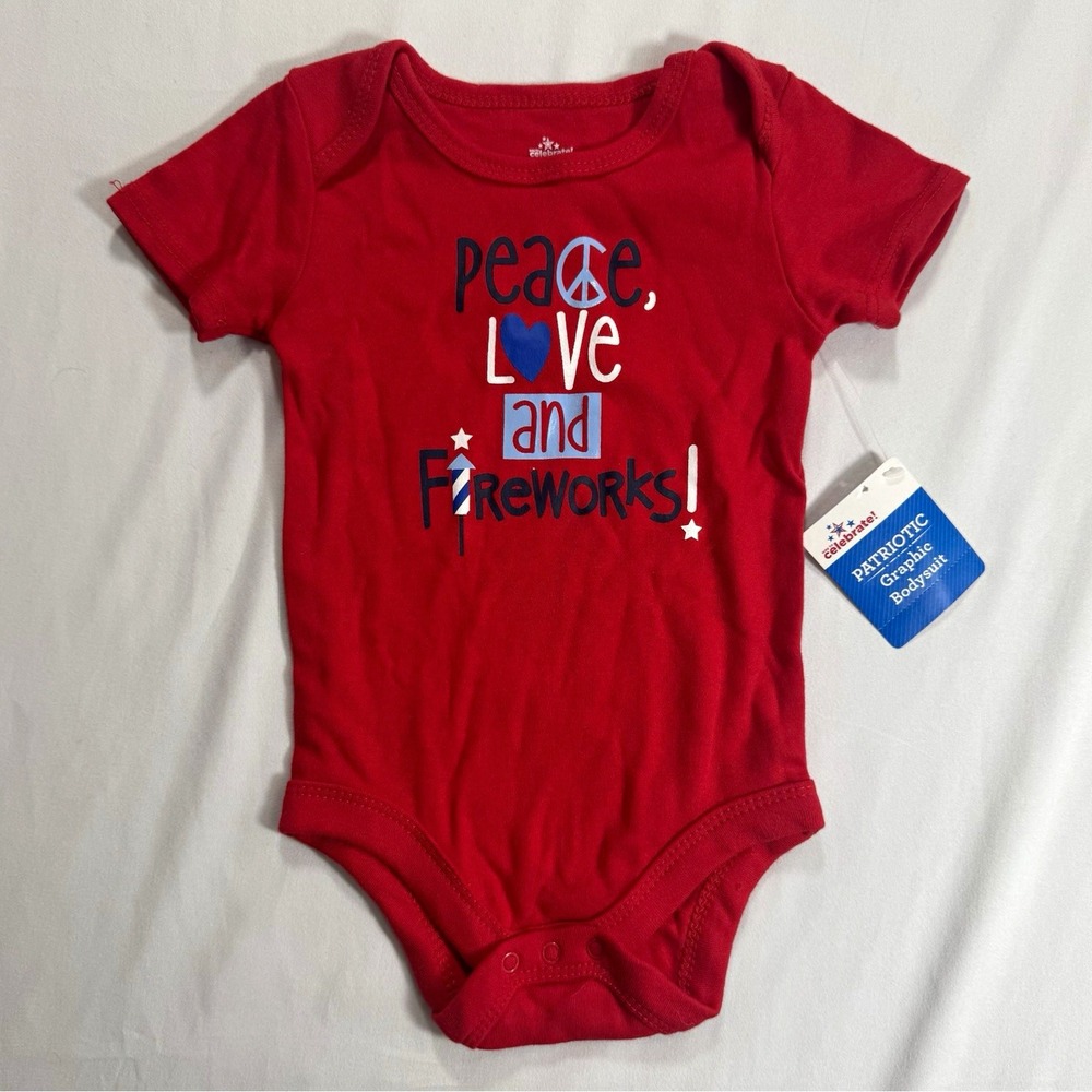 Celebrate "Peace Love and Fireworks" Red Snap Shirt-New W/ Tags 6-9M